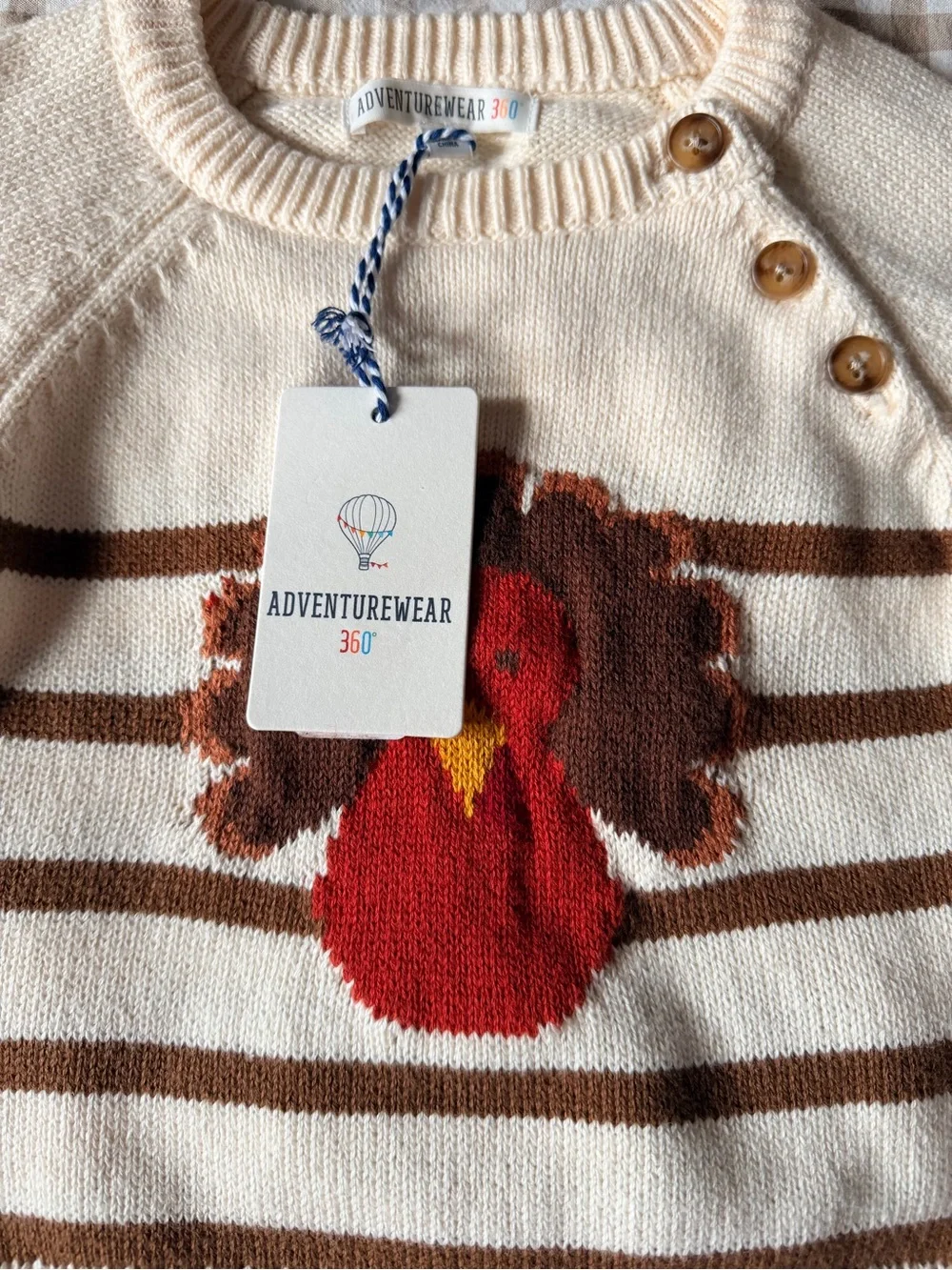 Cream & Brown Striped Knit Baby Sweater with Red Turkey Motif